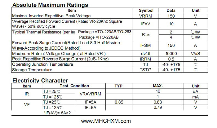 MHCHXM肖特基二极管MBR10150F