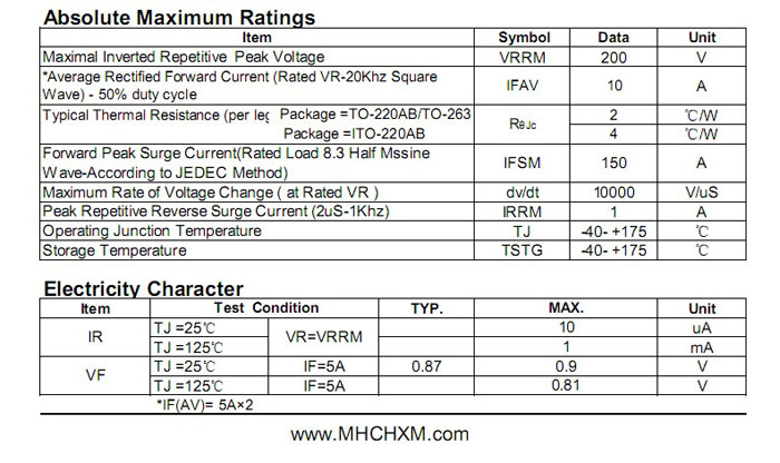 MHCHXM肖特基二极管MBR10200F