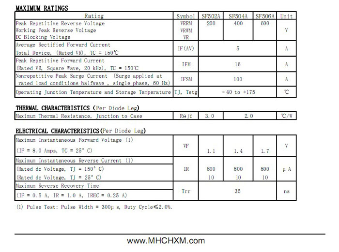MHCHXM品牌超快恢复二极管SFF504A MHCHXM品牌超快恢复二极管SFF504A